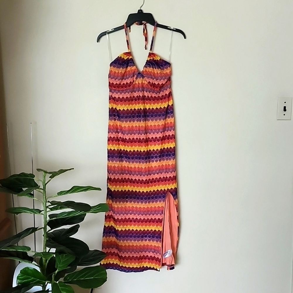 Wild Fable women crochet knit halter midi dress resort wear beachy, lace up back